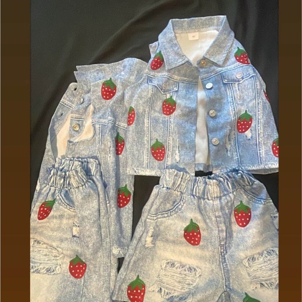 Kids Denim Jacket with Strawberry Print